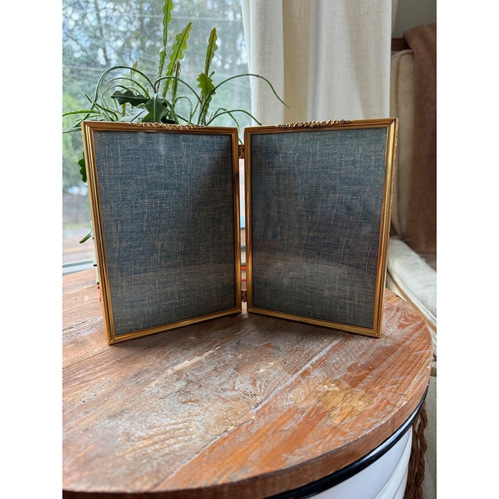 Vintage Gold Etched Floral Double Picture Frame 5x7 Hinged Bifold Metal Brass